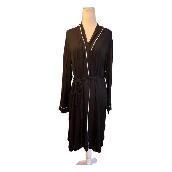 Alfani Contrast Trim Short Robe Black White Trim Knit Wrap Bathrobe Long Sleeve - Picture 2 of 12